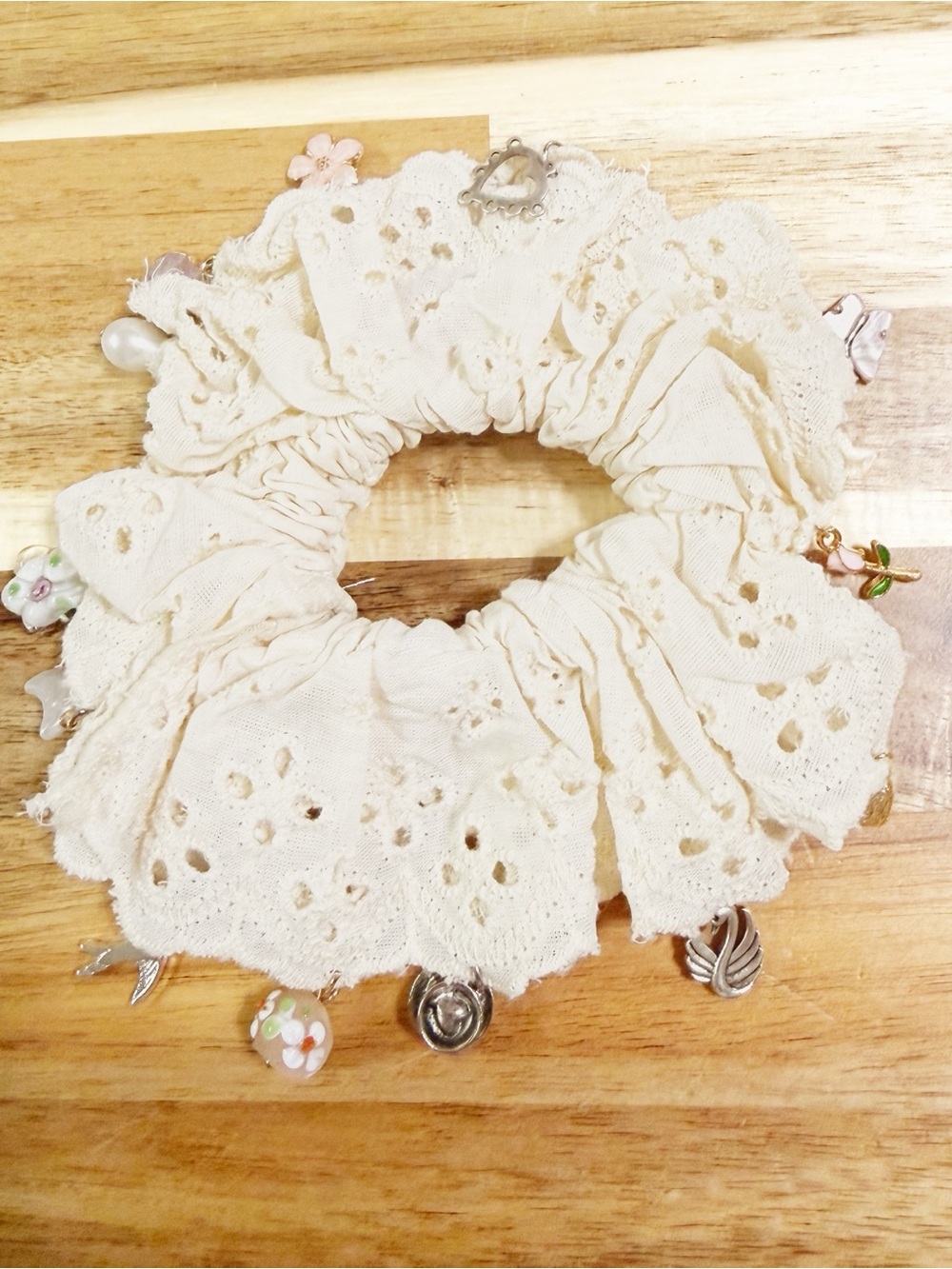 Free People Eyelet Ruffle Charm Heart Butterfly Bird Beaded Scrunchie Sample